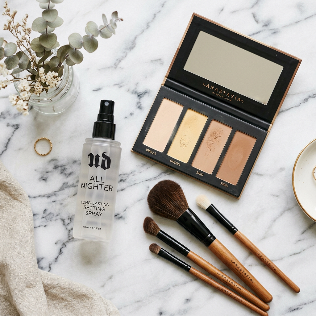 Flat lay fixateur spray avec palette et pinceaux sur marbre