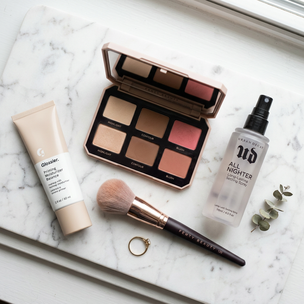 Flat lay primer avec palette et pinceaux sur marbre