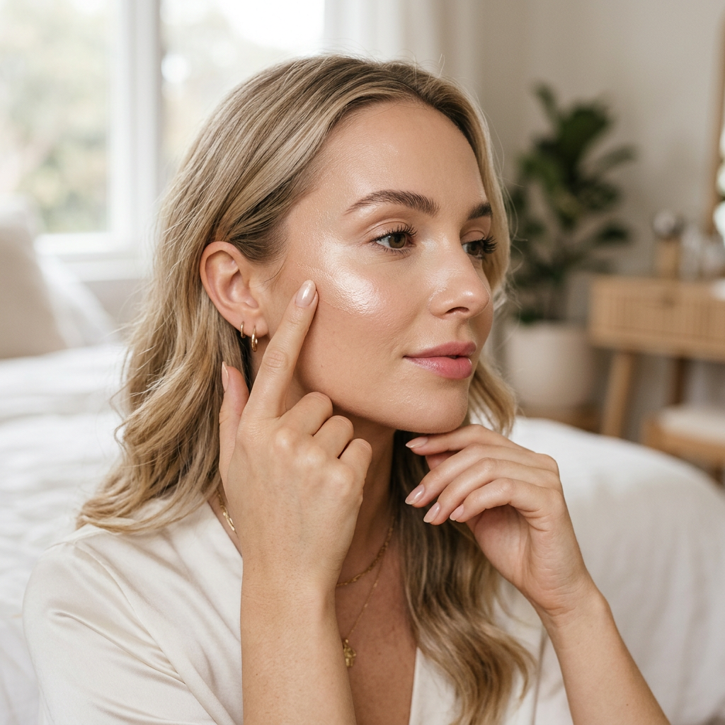 Application du highlighter crème sur la pommette