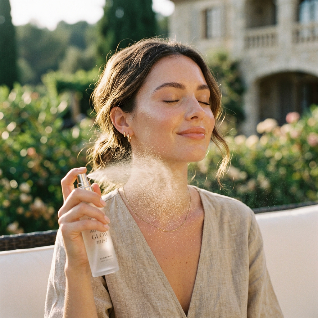 Femme appliquant le fixateur spray sur son visage