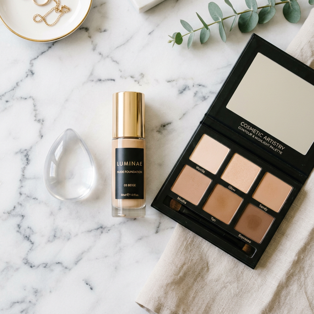 Flat lay éponge silicone avec palette et fond de teint sur marbre