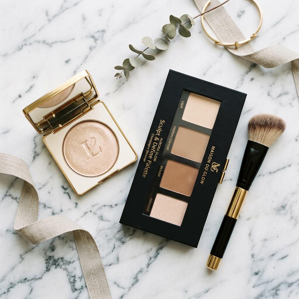 Flat lay highlighter avec palette et pinceau sur marbre